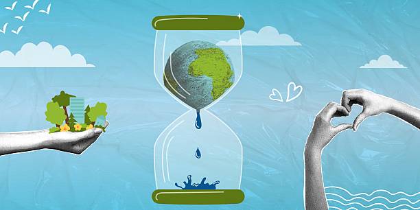 Our planet's time is running out. Trendy halftone collage. The concept of environmental protection and conservation of natural resources. Vector illustration