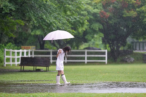 A girl is walking in the rain with an umbrella. Scene is sad and melancholic