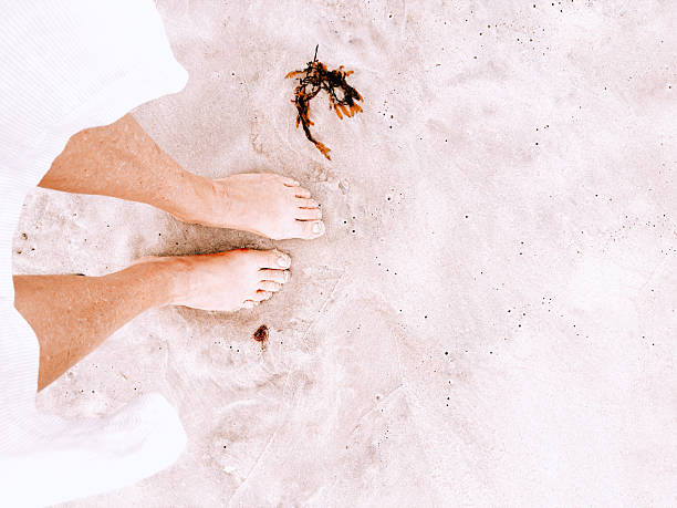 Bare feet stand on wet sand, next to a piece of seaweed, with flowing white fabric visible above in a minimal coastal composition.