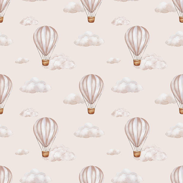 Seamless pattern with hot Air Balloons and Clouds in the sky. Watercolor repeat ornament background for Kids. Cute Print for childish textile design or wallpaper in pastel beige pink colors.