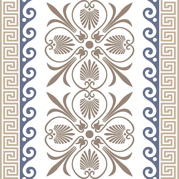Symmetrical vertical border design blending Greek styles. Features a central gold acanthus shell motif flanked by blue wave scrolls and gold meander borders. Typical egyptian, assyrian, greek motives.