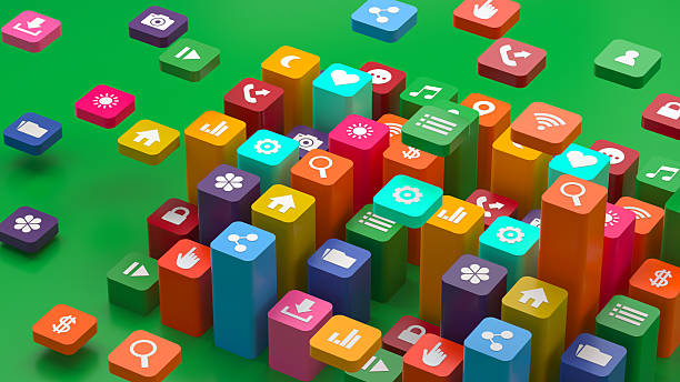 This Digitally Generated Image features a vibrant array of 3D Mobile App Icons rising in a Bar Graph formation against a Green Background. The isometric Design illustrates the Growth and dominance of Social Media Marketing and Technology in modern Business. Colorful blocks representing Search Engine, Cloud Computing, and Multimedia apps create a dynamic Pattern, symbolizing Data visualization and Digital Display trends. The Abstract composition highlights Connection, Innovation, and Global Communications. Perfect for Advertising, Finance reports, and Web Design projects focusing on User Experience and Future development. The Copy Space allows for seamless integration into Marketing presentations promoting Success and Strategy.
