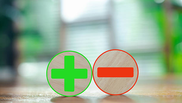 Minimal plus and minus symbols on wooden circles represent decision making, choice comparison, advantages and disadvantages, financial balance, business strategy, and positive or negative concepts.