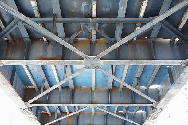 Underneath view of a blue steel bridge structure with industrial girders