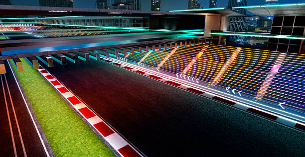 Empty futuristic racing circuit with vibrant neon lights and tribune in a nighttime cityscape. 3d rendering