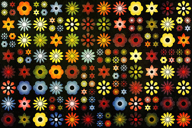 This vibrant abstract background features a grid of colorful geometric flower shapes against a dark, textured surface, creating a playful retro aesthetic. The wide variety of botanical motifs and warm tones makes it perfect for various creative design projects and artistic wallpapers.