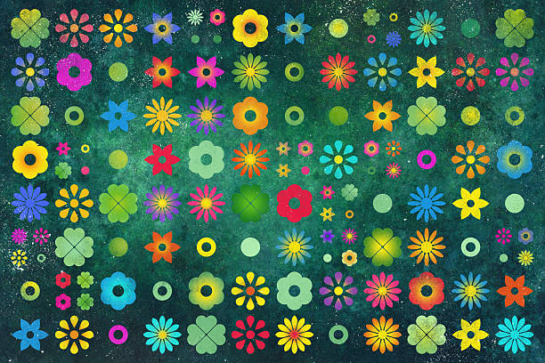 Vibrant abstract background featuring stylized shamrocks and colorful flower motifs arranged in a retro geometric pattern. The dark green textured backdrop and vintage-inspired palette create a playful yet decorative St. Patrick’s Day–themed design suitable for seasonal, festive, or Irish-related visuals.