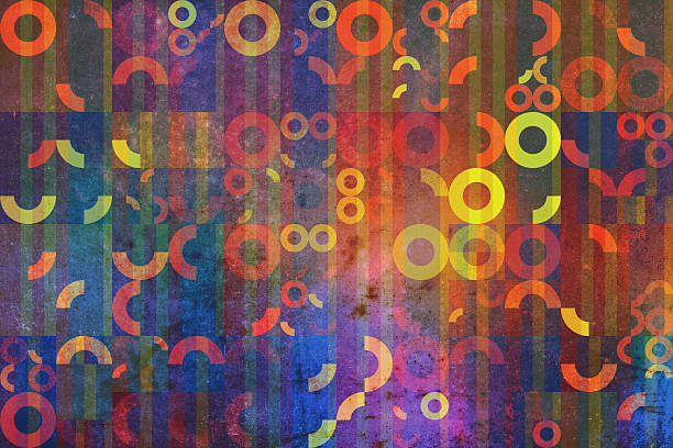 This vibrant abstract background features a complex arrangement of colorful geometric shapes including circles and vertical stripes overlaid with a distressed, textured finish. The mid-century modern aesthetic and bold palette of red, blue, and yellow create a dynamic, energetic and engaging visual experience.