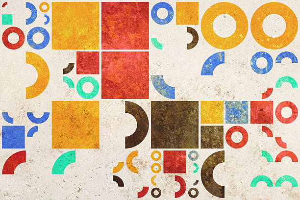 This sophisticated abstract background features a collection of colorful geometric shapes, including squares and circles, arranged in a balanced yet dynamic composition. The weathered, textured surface adds a vintage feel, making it perfect for various creative projects seeking a mid-century modern look.