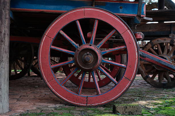 Red wheel on an antique blue and red wagon