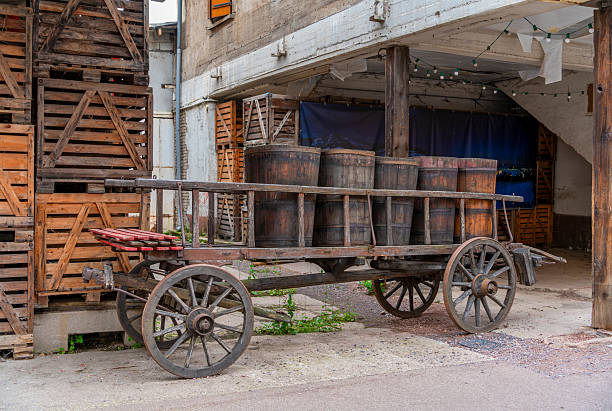 Historic cart with wooden tubs seen in Ribeauville, a commune in the Aisne department in Hauts-de-France in northern France.