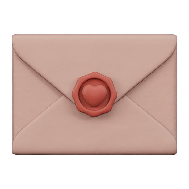 Elegant beige envelope with heart wax seal 3d element. Minimalist matte clay letter mockup for wedding, valentine, anniversary and special greeting. Soft plasticine isolated on white.