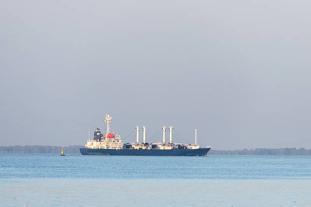 A cargo ship on calm sea horizon at sunrise with soft sky and distant shoreline