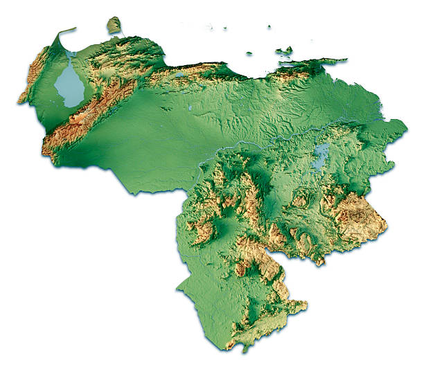 3D Render of a Topographic Map of Venezuela. Isolated on white background.All source data is in the public domain.Color texture: Made with Natural Earth.http://www.naturalearthdata.com/downloads/10m-raster-data/10m-cross-blend-hypso/Relief texture: GMTED 2010 data courtesy of USGS. URL of source image:https://topotools.cr.usgs.gov/gmted_viewer/viewer.htmWater texture: SRTM Water Body SWDB: https://dds.cr.usgs.gov/srtm/version2_1/SWBD/