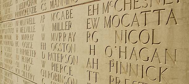 Close-up detail of surnames and initials carved into the stone columns of the Anglo-Boer War Memorial in Houghton, Johannesburg, recording members of the Rand regiments who lost their lives during the Second Boer War (1899–1902).