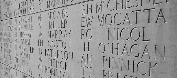 Close-up black-and-white detail of surnames and initials carved into the stone columns of the Anglo-Boer War Memorial in Houghton, Johannesburg, recording members of the Rand regiments who lost their lives during the Second Boer War (1899–1902).