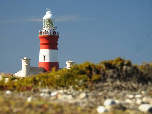 The Cape Agulhas Lighthouse rises above coastal dunes and dune scrub at Cape Agulhas, the southernmost point of Africa, with open sky providing ample copy space.