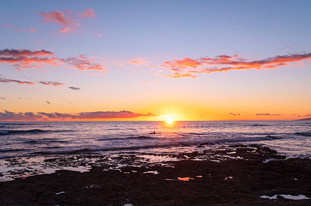 Sunset on Las Americas Beach, in southern Tenerife. Sunsets over the ocean, with different colors every evening, vibrant or subtle.