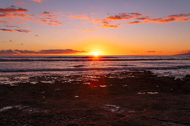 Sunset on Las Americas Beach, in southern Tenerife. Sunsets over the ocean, with different colors every evening, vibrant or subtle.