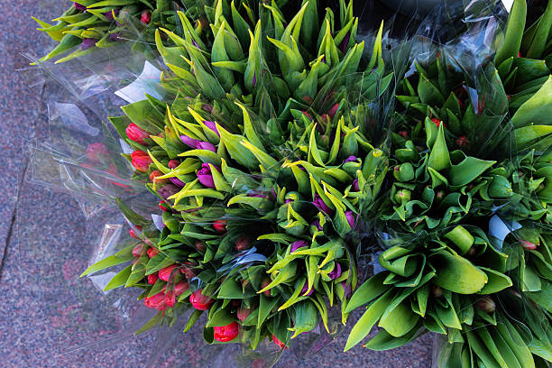 Top view of multiple tulip bouquets wrapped in clear plastic, displayed on stone pavement at a flower market.