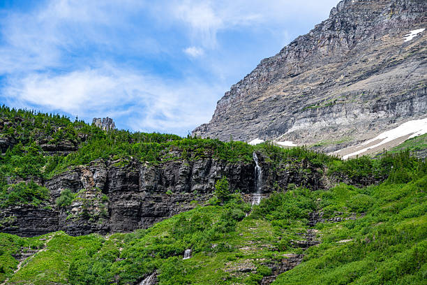 A narrow waterfall plunges down a steep cliff surrounded by dense alpine forest and rugged rock faces in Glacier National Park, Montana. Snow patches and vibrant greenery frame this remote and dramatic wilderness feature.