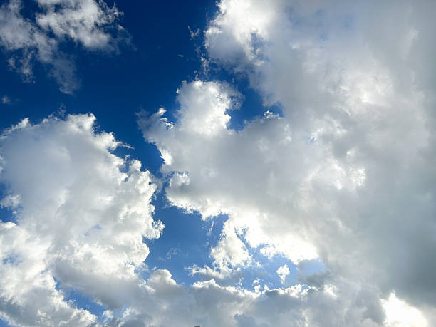 Bright blue Caribbean sky with white summer clouds, clean background with copy space, daytime weather