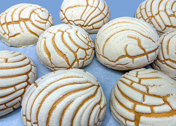 Pan dulce, Closeup of Mexican conchas pan dulce sweet bread with sugar crust pattern, traditional bakery pastry.