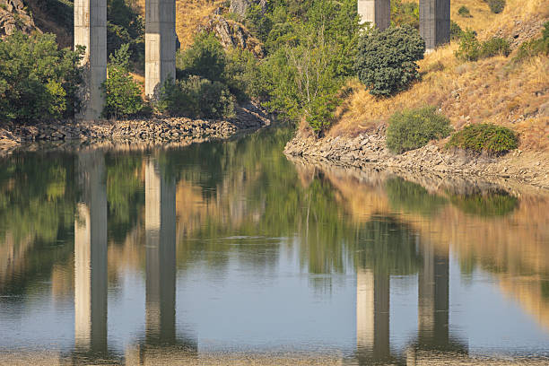 A motorway bridge over a river, reflecting the posts on the water's surface