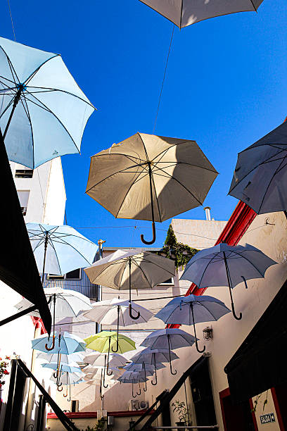 A joyful and Celebration Event captured as a Group Of Objects, featuring numerous Multi Colored umbrellas Hanging against a clear blue Sky. This Vibrant Color display forms a beautiful Canopy, suggesting an Installation Art piece or Street Party Decoration. The Rainbow of hues including Blue, Pink Color, Purple, and Orange Color creates a Cheerful and Playful Atmospheric Mood. This Abstract Arrangement evokes Happiness and a Positive Emotion, perfect for themes of Summer festivities or Art Show promotions. The image is Bright, Dreamlike, and symbolizes Joy and Hope - Concept, making it an uplifting visual for various creative projects.