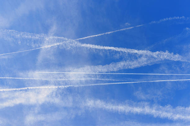 Blue sky and white clouds background，Water vapor trail, clouds, sky