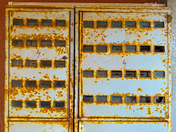 Heavily Rusted Metal Utility Box Locked on Textured Wall