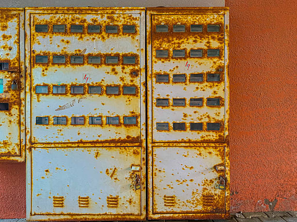 Heavily Rusted Metal Utility Box Locked on Textured Wall
