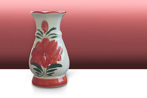 front view white and red ceramic vase on gradient red and black wall, white floor background, object, decor, flower, fashion, copy space
