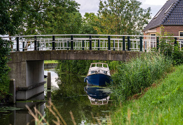 Small boat moored under bridge on calm canal surrounded by green countryside