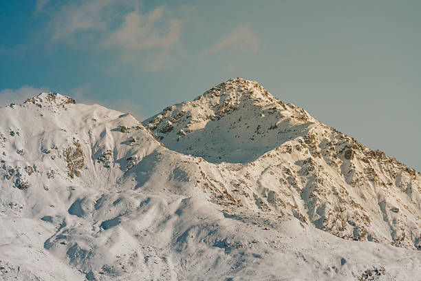 Snow-covered mountain ranges reflecting morning sun under a clear blue sky