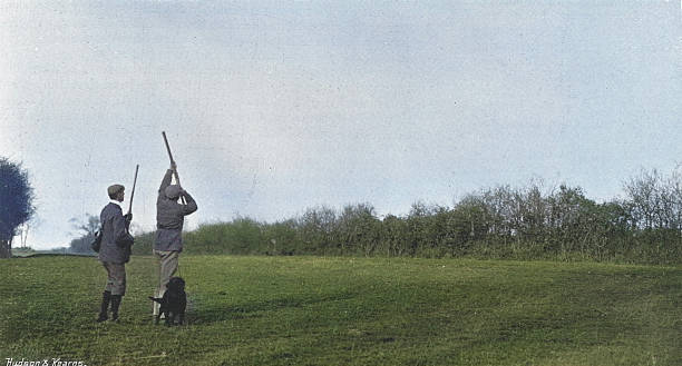Victorian men, high shot, Partridge driving, Holkham, Game shooting, Vintage photograph 1890s 19th Century