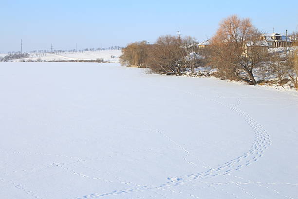 A snowy field with trees and buildings. Outdoor. Snow. Sky. Nature. Field
