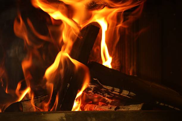 Bonfire with burning firewood on dark background, closeup