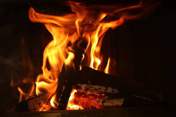 Bonfire with burning firewood on dark background, closeup