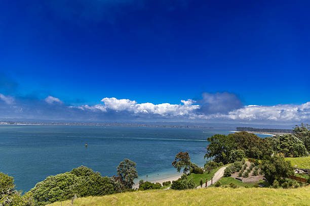 Sunny shoreline shows distant city across water ocean sea horizon clouds cumulus
