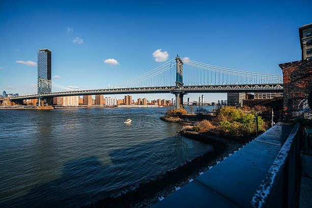A vibrant NYC river scene featuring a suspension bridge spanning the East River with a striking skyline, blue water, and a small boat creating a sense of motion and urban charm.
