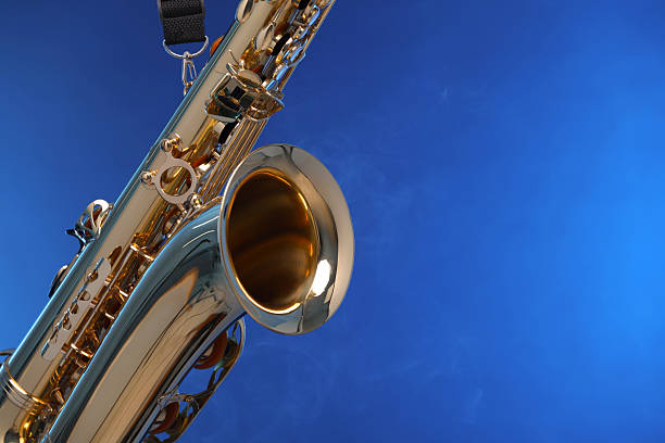 Close-up of a saxophone in a recording studio