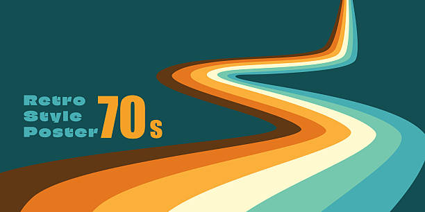 1970s retro abstract background with curved rainbow stripes. Vintage vector design for modern posters, retrofuturism wallpaper, colorful decorative templates and trendy linear art