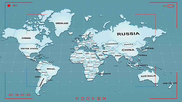a stylized world map with a blue gradient background and grid lines, symbolizing a global network,