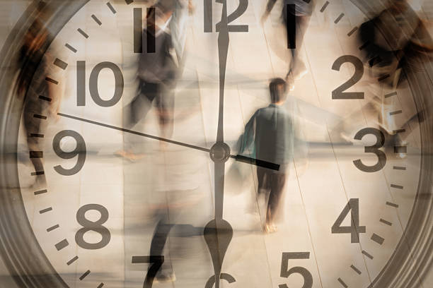 Art collage. Running businessman with clock in hands. Time management concept.