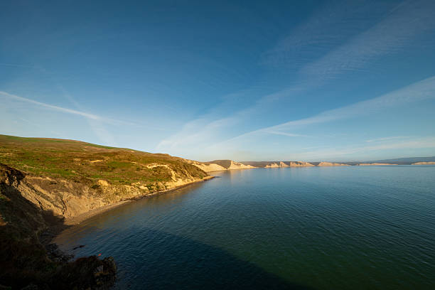Drakes Bay in Northern California as seen from the Elephant Seal Overlook on a beautiful day. Seals on the beach on the left.