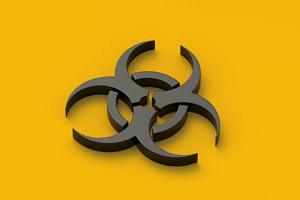 Biohazard symbol on orange background. Biological pollution. Epidemic zone. Infection notification. 3d render