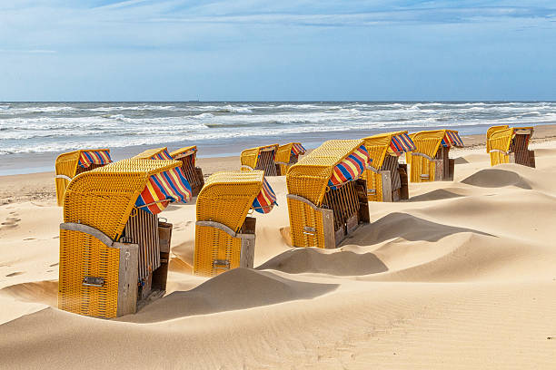 Borkum:Deutschland;Waterfront promenade with sun loungers and café on the island of Borkum