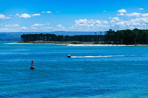 Small craft moves quickly beside distant wooded coastline ocean water seascape