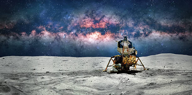 The lunar module stands on the lunar surface. The spacecraft has landed on the moon. Space exploration. Stars and galaxies. Elements of this image furnished by NASA. Photo collage. Not AI (url: https://plus.nasa.gov/wp-content/uploads/2024/07/restored.jpg)